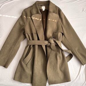 Khaki greenish brown faux suede belted oversized trench coat #fauxsuede